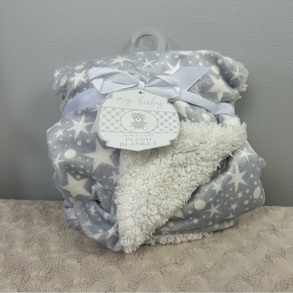 My Baby RN 31526 Gray White Stars Polka Dots Baby Blanket Sherpa Lovey